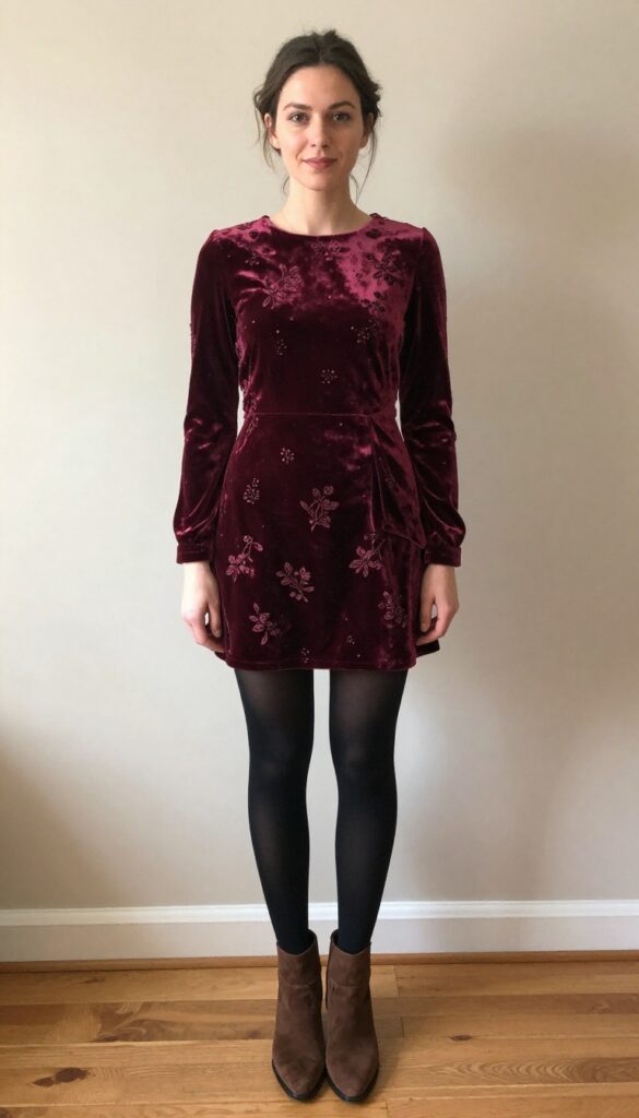 Woman in embroidered velvet mini dress with tights and ankle boots