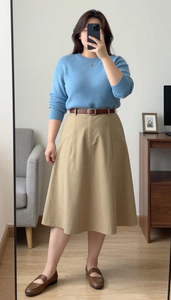 Woman in sky blue chunky sweater and khaki A-line skirt, brown belt, loafers, standing in bright office setting.