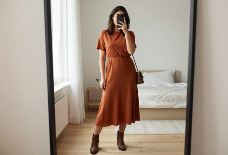 Plus-size woman in a flowy midi dress taking a mirror selfie for a brunch birthday outfit idea.