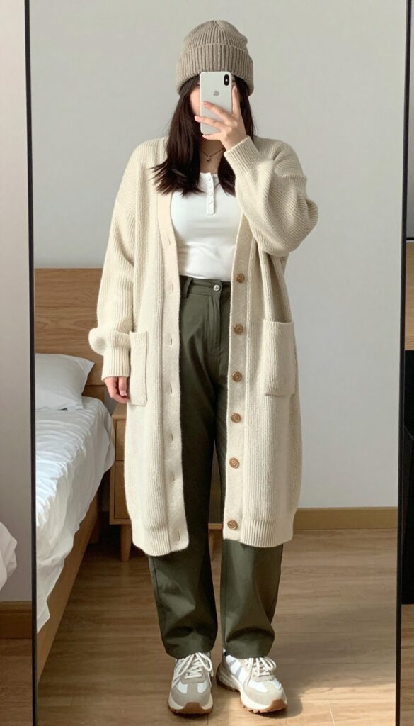 A woman in a longline cardigan, fitted top, cargo pants, and chunky sneakers, accessorized with a beanie, styled for a casual coffee date.