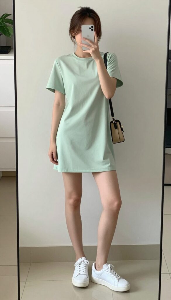 Woman in a mini dress and white sneakers taking a mirror selfie, holding her phone, with a crossbody bag and messy bun, in a sunlit room.