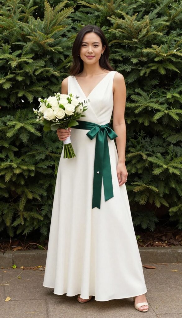 Woman in ivory A-line wedding dress with emerald green sash, holding bouquet in sunlit garden
