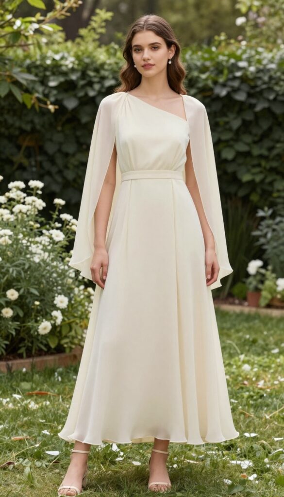 Woman in empire waist one-shoulder chiffon wedding dress with matching chiffon cape in garden