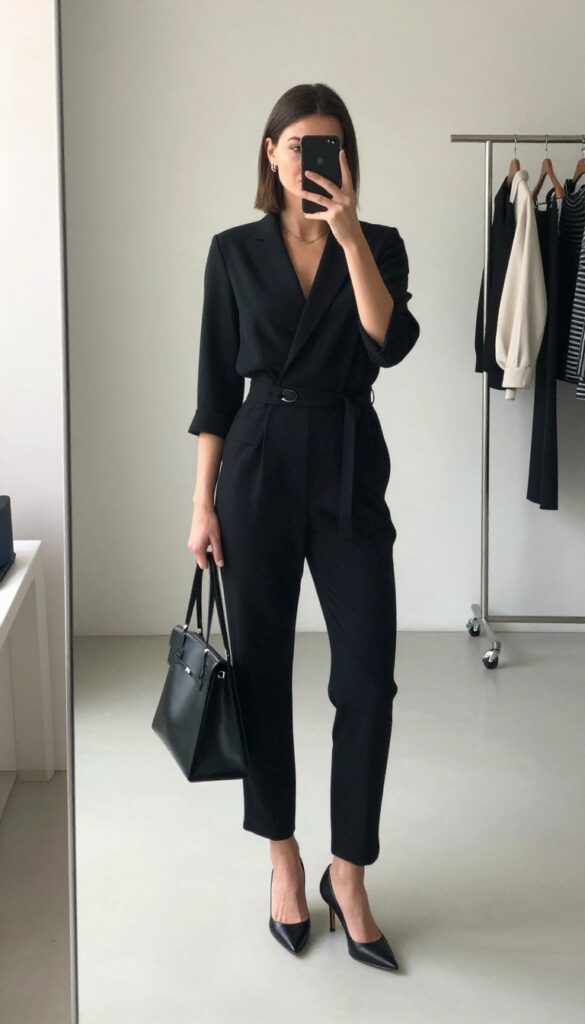 Woman in black tailored jumpsuit with belt and heeled sandals, taking a mirror selfie, holding a structured black bag, minimal accessories