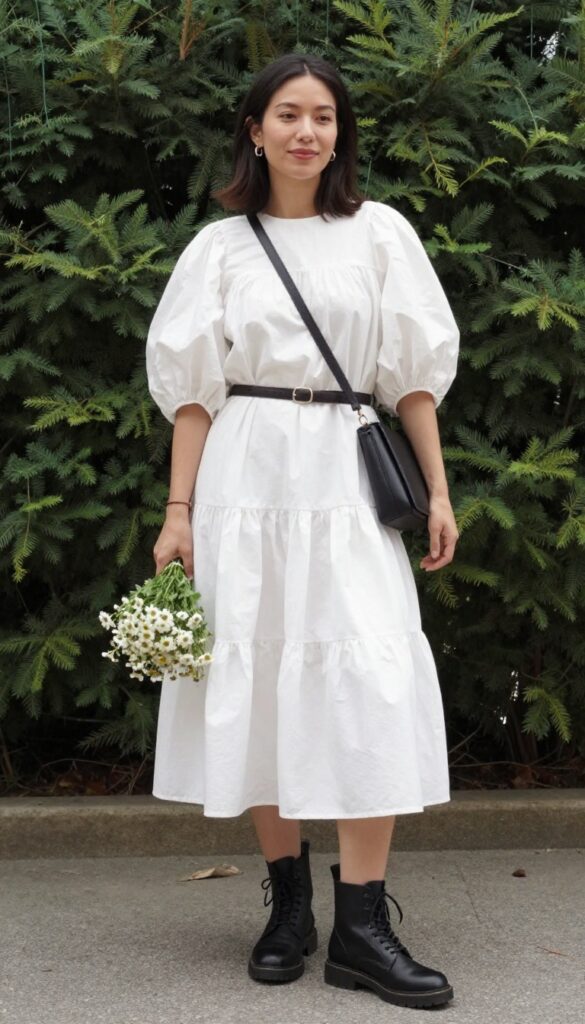Adult woman in white tiered cotton dress with puff sleeves and black combat boots, holding a bouquet of wildflowers, standing on a city sidewalk near a courthouse in sunny weather.