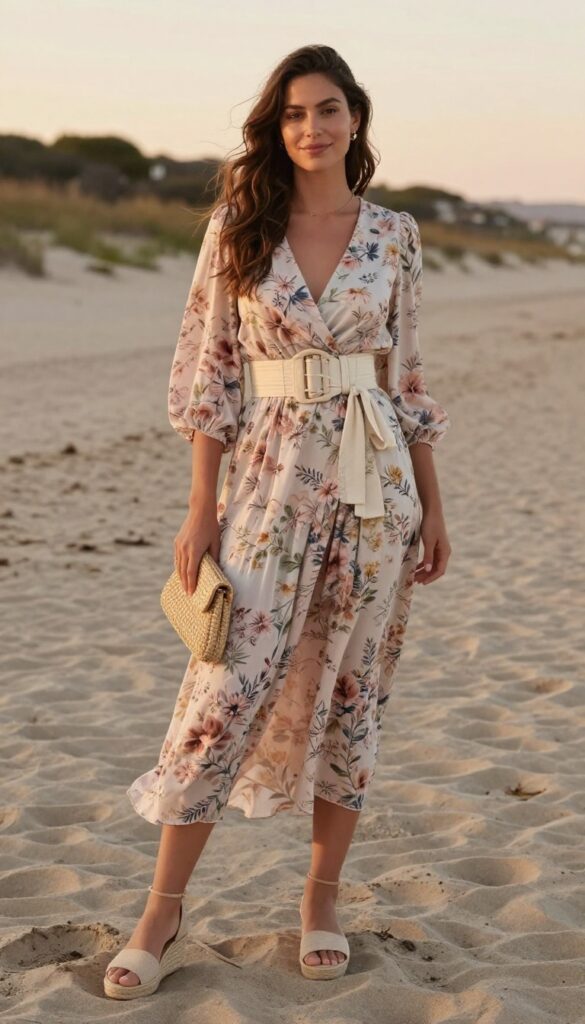 Woman in floral wrap dress with corset belt on beach at sunset