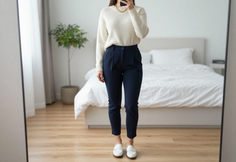 Woman in cream cashmere sweater and navy pleated trousers taking a mirror selfie in a bright bedroom