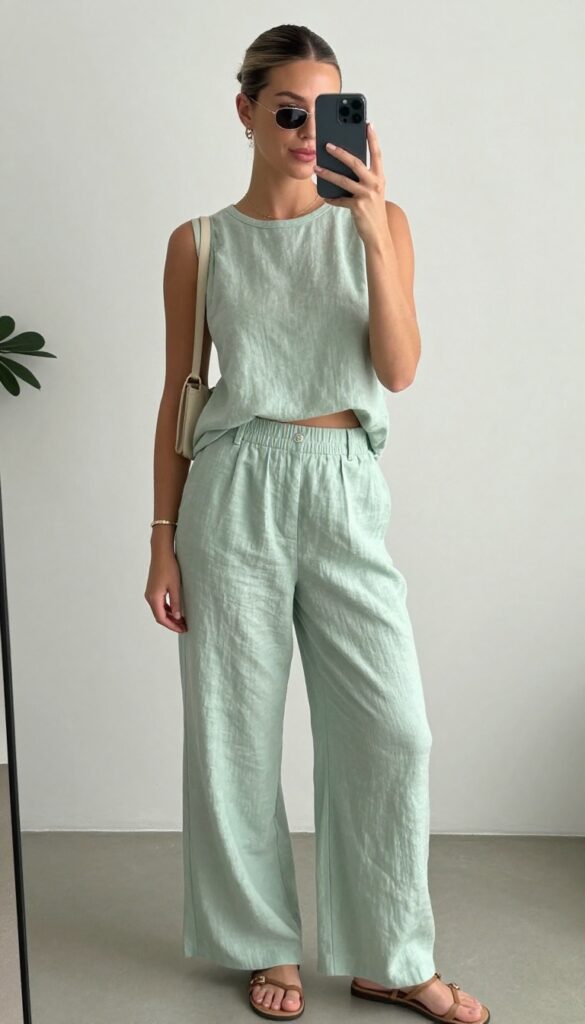 A woman in a matching sage green linen co-ord set takes a mirror selfie, holding her phone to partially cover her face. She wears flat sandals and a small crossbody bag, with minimal jewelry. The setting is a bright, sunlit room with a clean mirror and a touch of greenery.