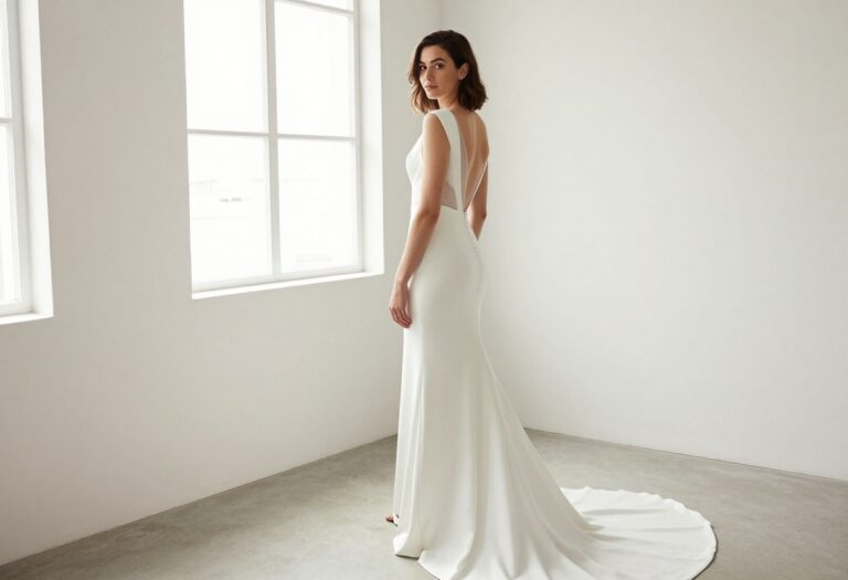 Woman in modern wedding dress with sleek silhouette and bold detail, standing in bright room
