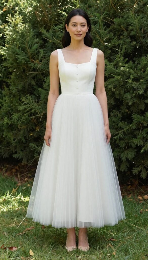 Bride in detachable tulle overlay wedding dress, unbuttoned to show sheath, in garden
