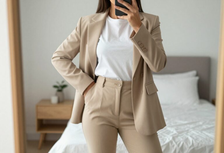 Woman in white tee and beige trousers taking a mirror selfie in bedroom