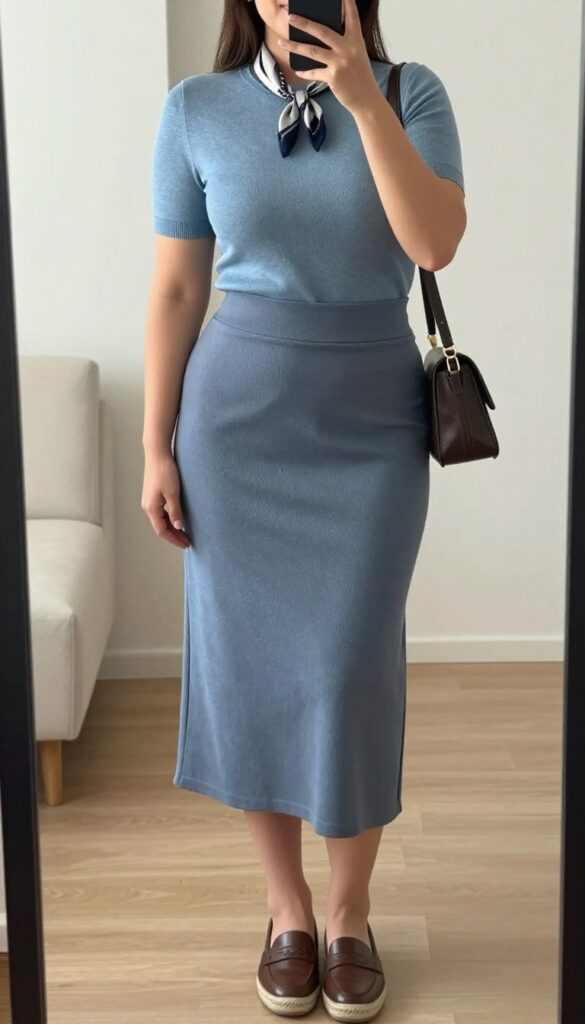 Plus size woman in high-waisted A-line skirt and fitted knit top, with statement necklace, loafers, and crossbody bag, in a summer business casual outfit.