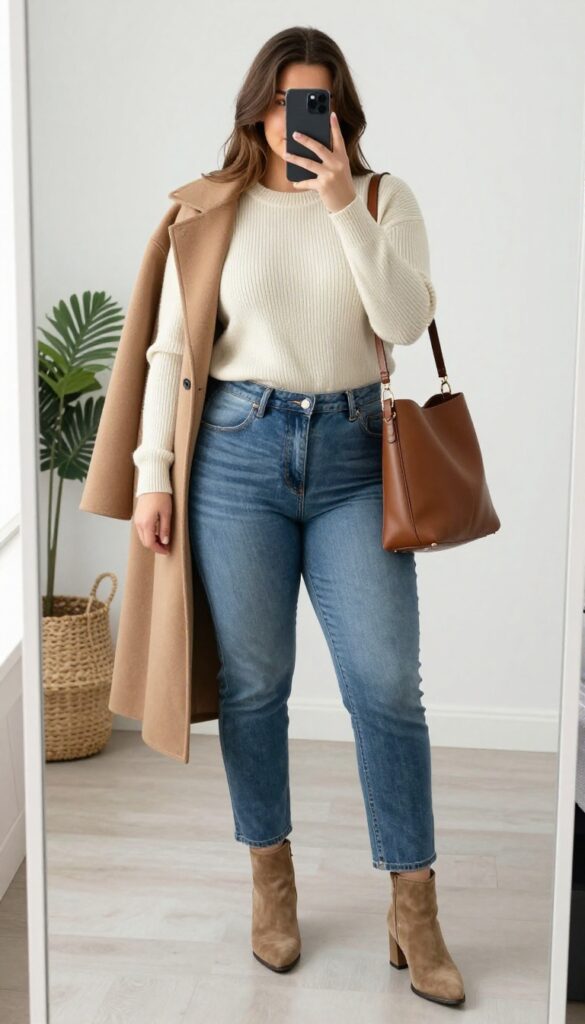 Plus-size woman in cream knit sweater and light-wash mom jeans taking a mirror selfie, with tan ankle boots and brown tote bag, in bright natural light.
