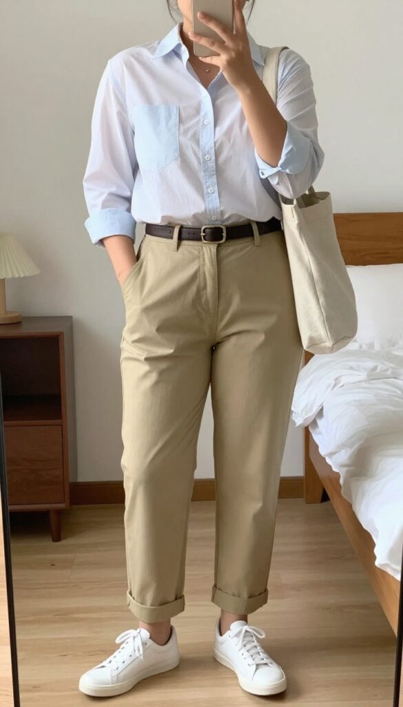 Woman in button-down shirt and cropped chinos with white sneakers, taking a mirror selfie in bedroom, phone partially covering face.