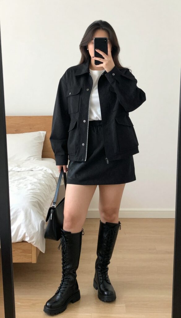 Woman in stone utility jacket and black slip skirt, white tee underneath, combat boots, crossbody bag, mirror selfie.