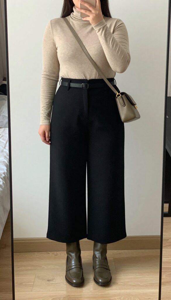 A woman in wide-leg culottes and a fitted turtleneck, with a slim belt, loafers, and a crossbody bag, standing in a bright office or creative workspace.