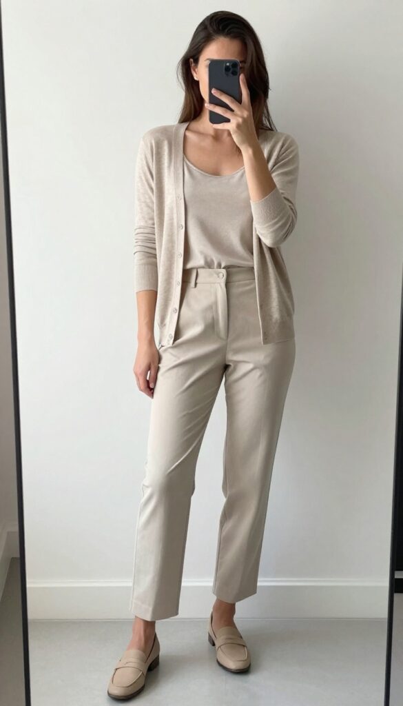 Woman taking a mirror selfie wearing a neutral camisole under a fitted cardigan with straight-leg pants and loafers, business casual outfit.