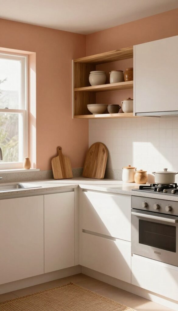 Pale terracotta walls in a small kitchen with natural wood shelves and warm white cabinets