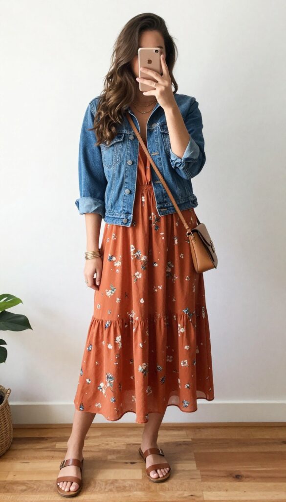 Woman in flowy maxi dress and denim jacket taking a mirror selfie, boho chic outfit for brunch