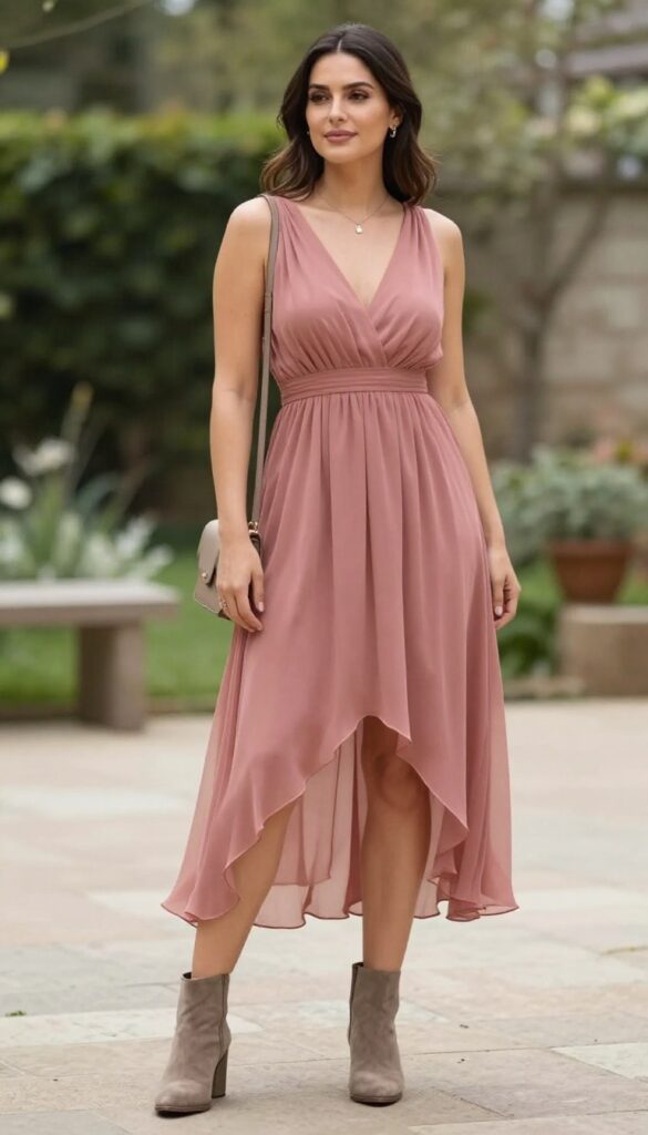 Woman in her late 20s with wavy brown hair, wearing a dusty rose high-low hem chiffon dress and taupe suede ankle boots, standing on a grassy lawn at an outdoor wedding reception, holding a crossbody bag, smiling naturally.