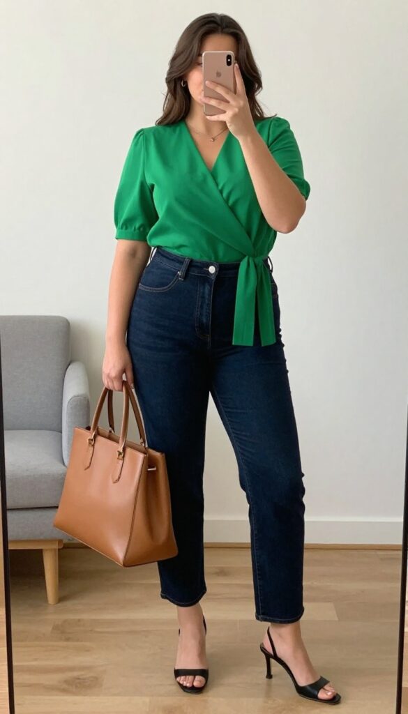 Woman in coral wrap top, dark straight-leg jeans, and heeled sandals, holding a structured tote, standing in a bright office or street setting.