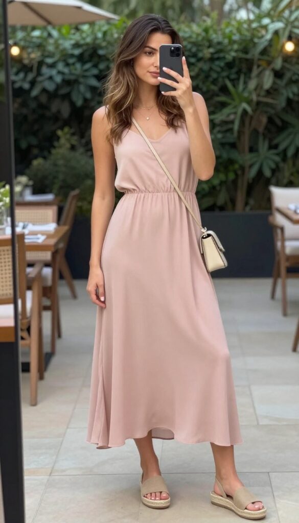 Woman in a flowy lightweight maxi dress with flat sandals and minimal accessories, taking a mirror selfie outdoors in natural light.