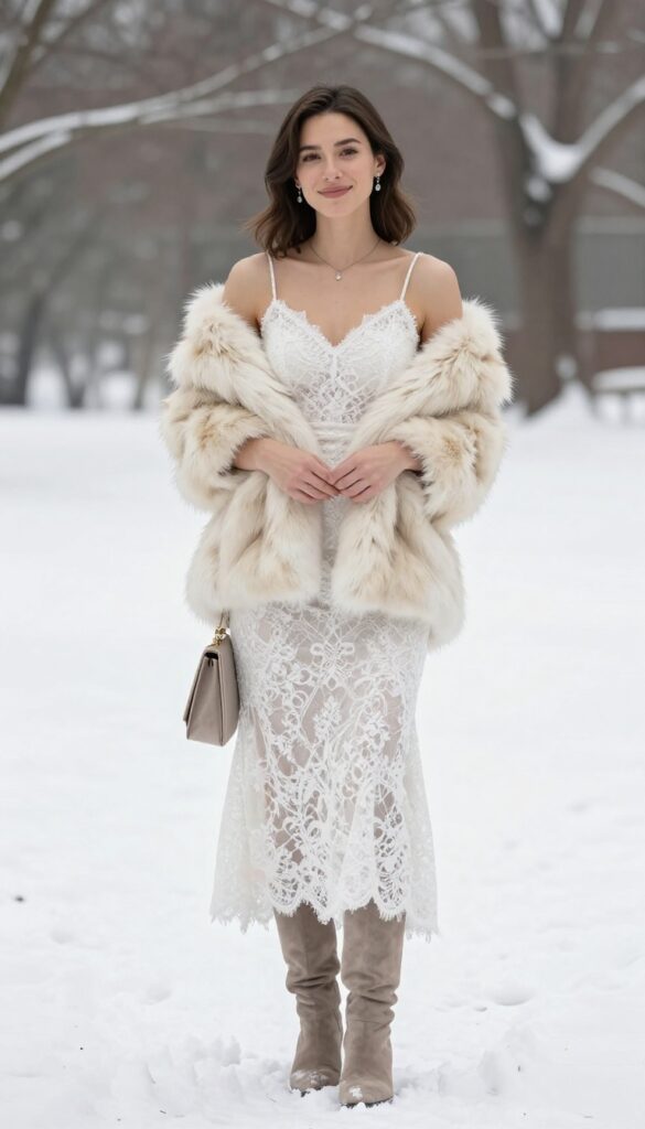 Woman in white lace wedding dress with thin straps, cream faux fur stole, taupe suede knee-high boots, standing in snowy outdoor setting with bare trees, holding small clutch, relaxed happy expression.