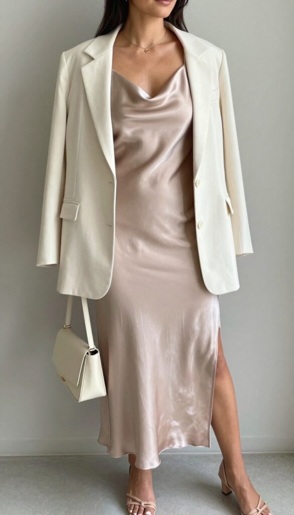 Woman in mocha satin slip dress and cream blazer standing in city plaza at dusk