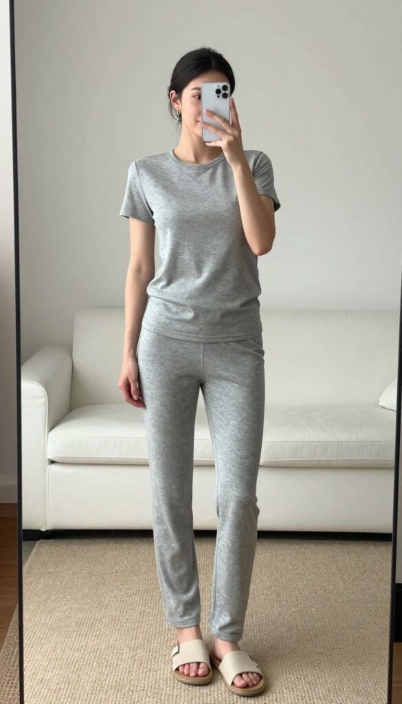 A woman in a matching grey lounge set and slide sandals takes a mirror selfie, showcasing a comfortable yet stylish postpartum outfit.