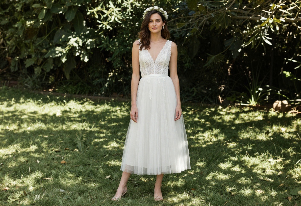 Woman in lace corset wedding dress with tulle skirt in garden