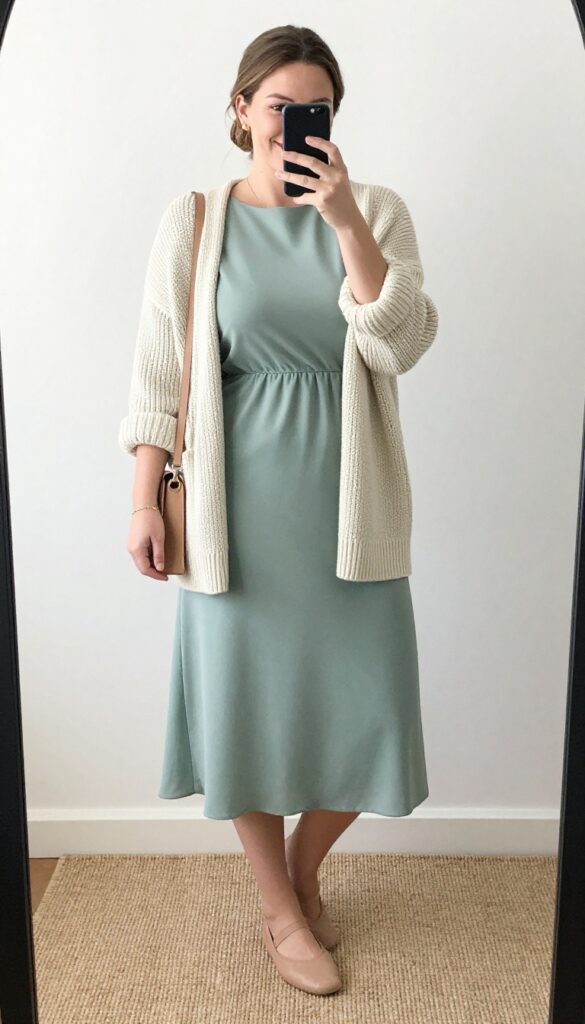 Curvy woman in a sage green midi dress and cream cardigan taking a mirror selfie, wearing ballet flats and carrying a tan crossbody bag, in a bright living room.
