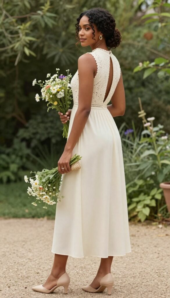 Dark-skinned woman in ivory high-neck crochet dress with keyhole back, standing in sunlit garden, smiling softly, holding wildflowers.