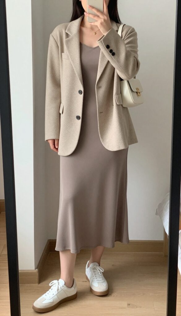 Woman in taupe midi slip dress and matching knit blazer, white sneakers, mini shoulder bag, taking a mirror selfie in bedroom, phone partially covering face.