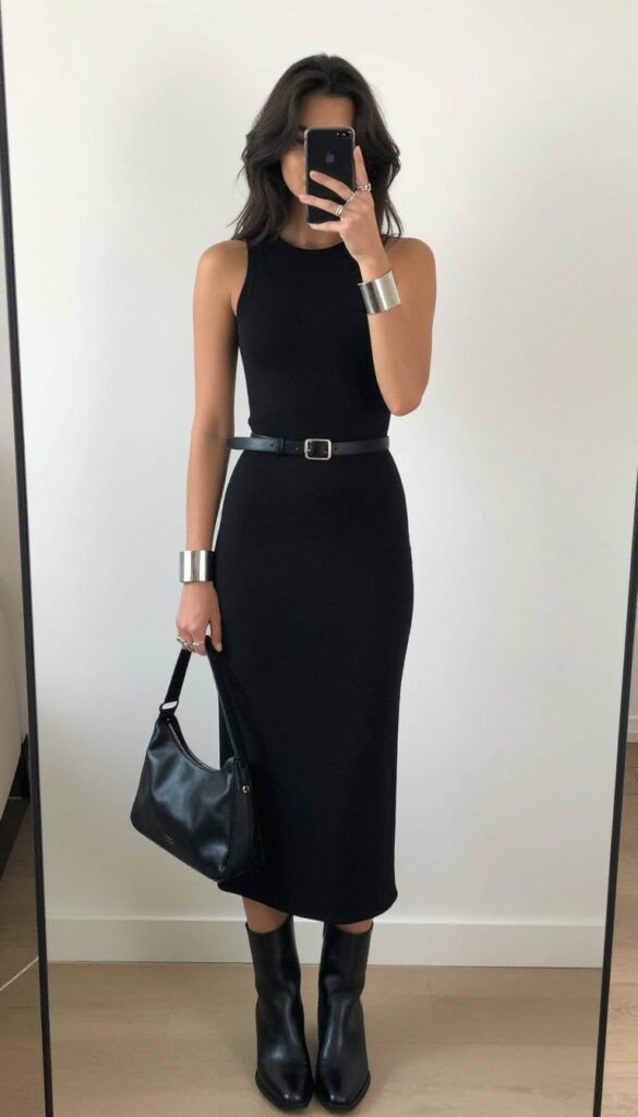 Woman in black maxi dress with leather accessories taking a mirror selfie, dark feminine summer outfit.