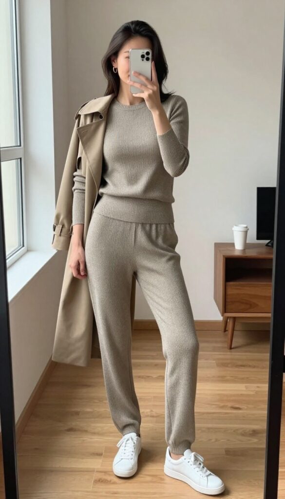 Woman in a charcoal ribbed knit lounge set taking a mirror selfie, with white sneakers and a beige trench coat, in a bright minimalist room.