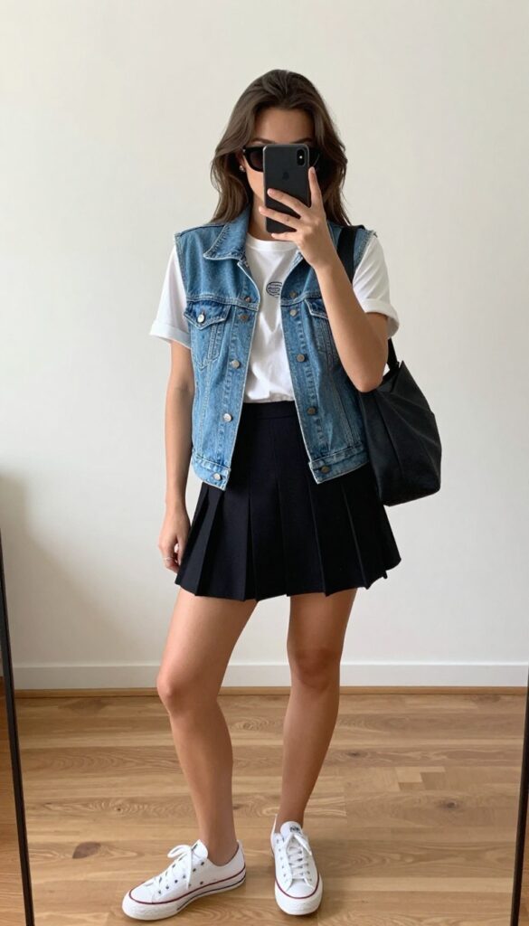 Woman taking a mirror selfie wearing a denim vest over a graphic tee tucked into a pleated mini skirt, with sneakers and a crossbody bag.