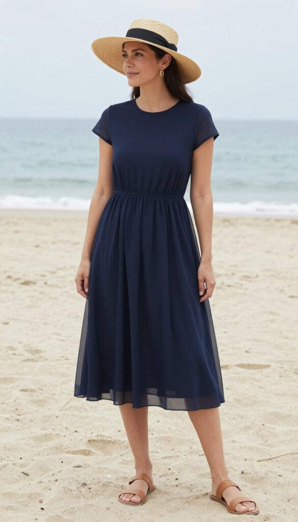 Woman in navy tulle dress and straw hat on beach