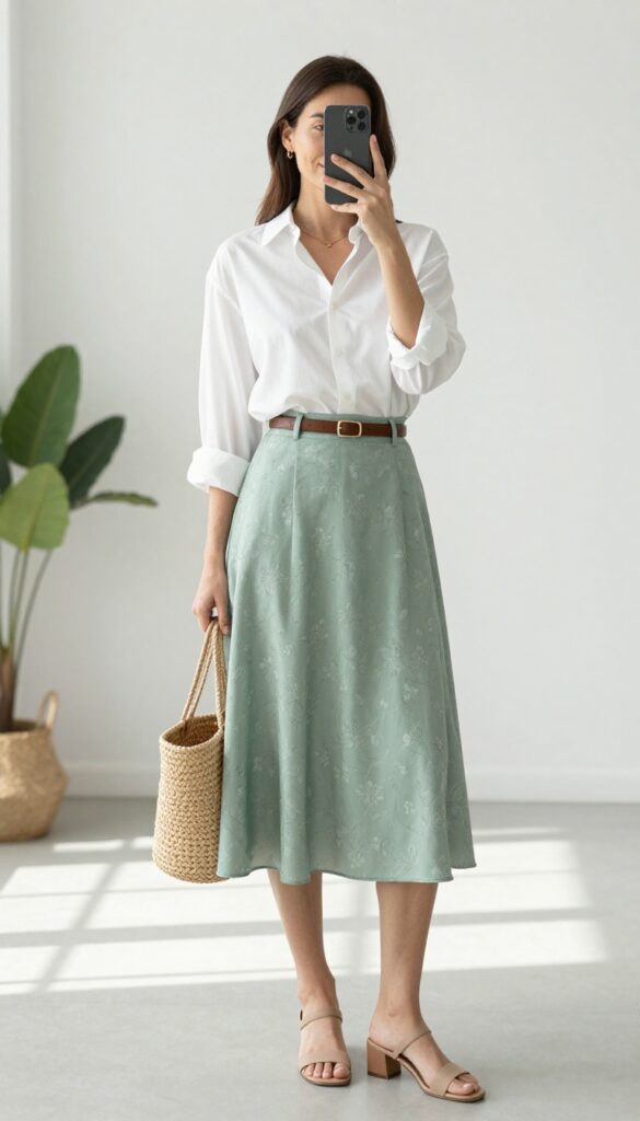 Woman in a white button-up shirt and sage green floral midi skirt, taking a mirror selfie in a bright room, showcasing a cute business casual outfit.