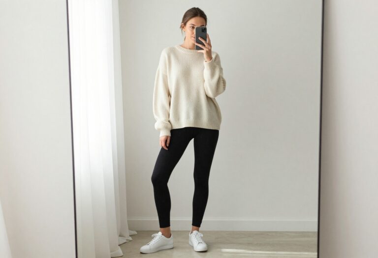 Mom wearing black leggings and an oversized cream sweater, taking a mirror selfie in a bright living room, showcasing a casual yet polished everyday outfit.