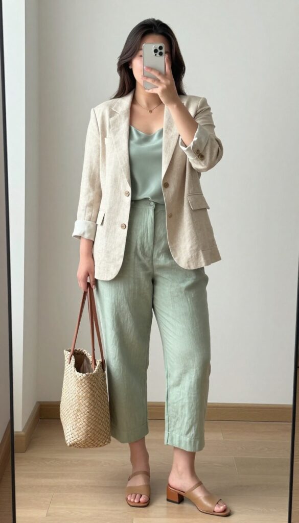 A woman in a beige linen blazer, dusty rose silk camisole, and cropped cream trousers, standing in a bright office with a woven tote and gold jewelry.