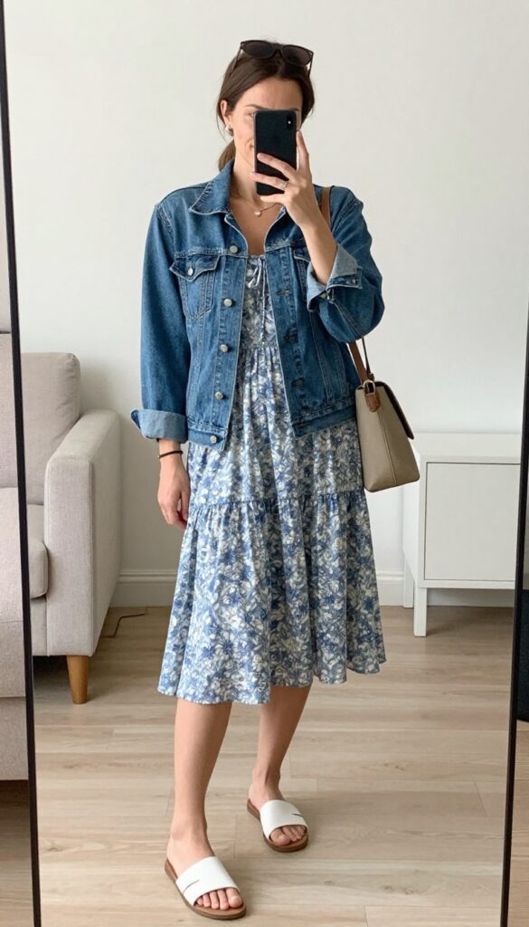 Mom taking a mirror selfie wearing a floral midi dress and denim jacket, with white sandals and crossbody bag, in a bright room.