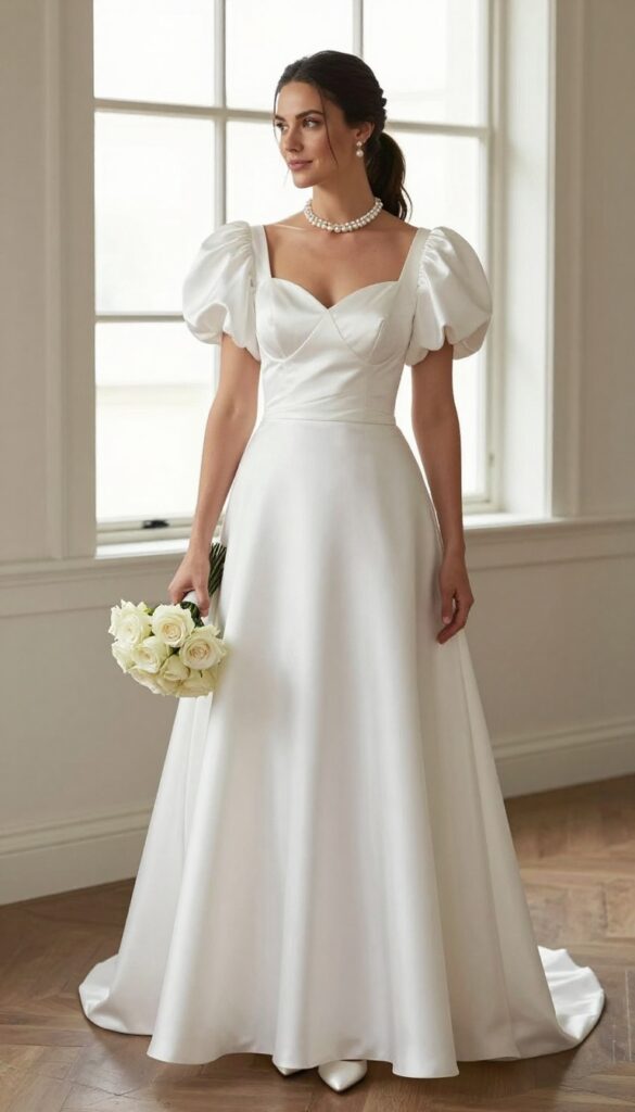 Bride in white satin puff-sleeve sweetheart wedding dress with pearl choker and bouquet in sunlit ballroom