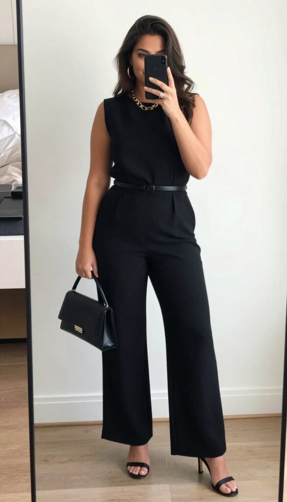 Plus-size woman in black wide-leg jumpsuit with gold statement jewelry, posing in mirror selfie in bright bedroom.