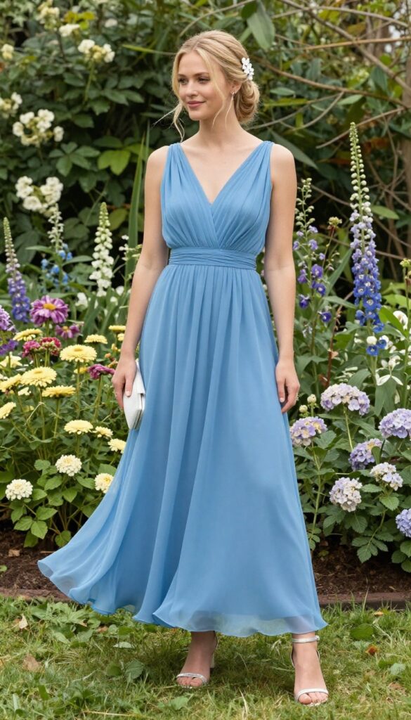 Ice blue empire waist dress with flowing skirt, silver sandals, white clutch, floral hairpin, garden background