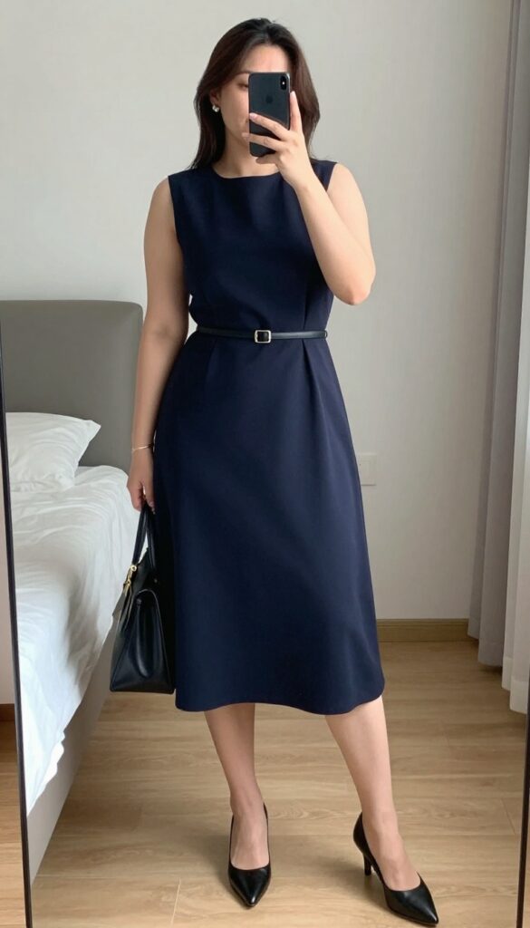 Petite woman in navy A-line midi dress with black belt and low heel pumps, holding structured tote, standing in office setting.