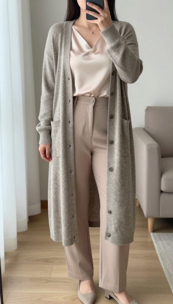Woman in longline cardigan and silk shell with tailored trousers, delicate necklace, soft and refined look
