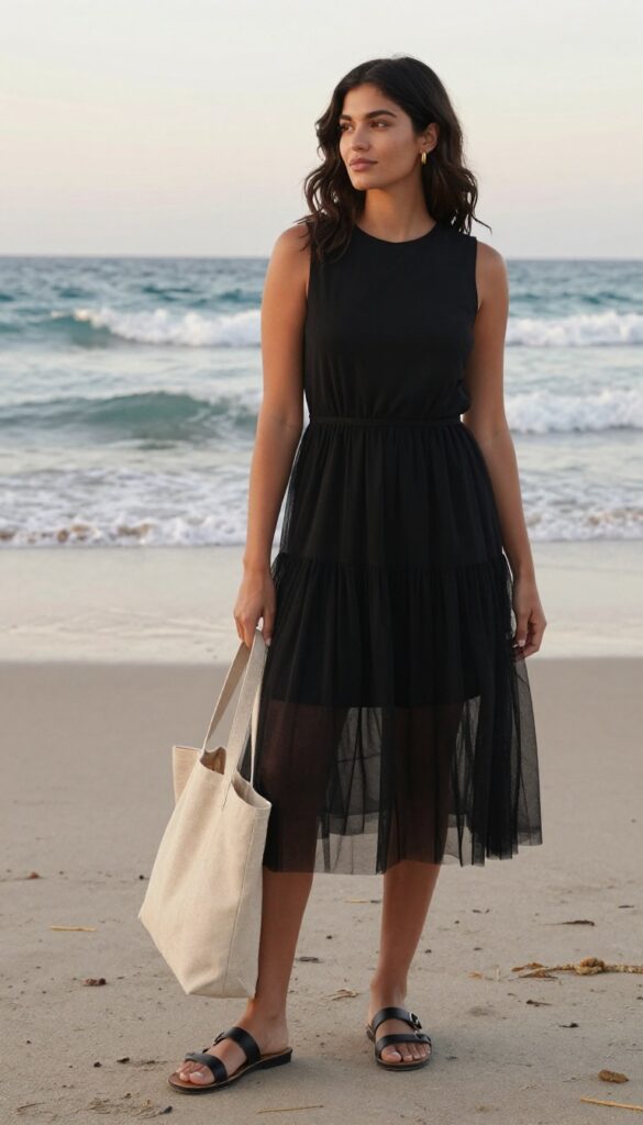 Woman in black tulle dress and canvas tote on beach at golden hour