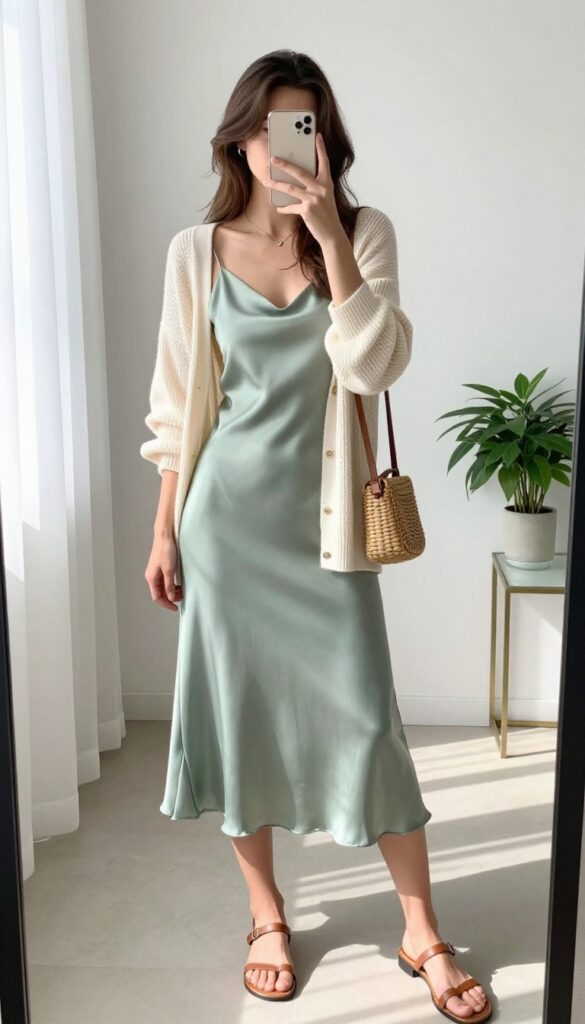 Woman in sage green slip dress and cream cardigan taking a mirror selfie, wearing sandals and a woven bag, in a bright room.