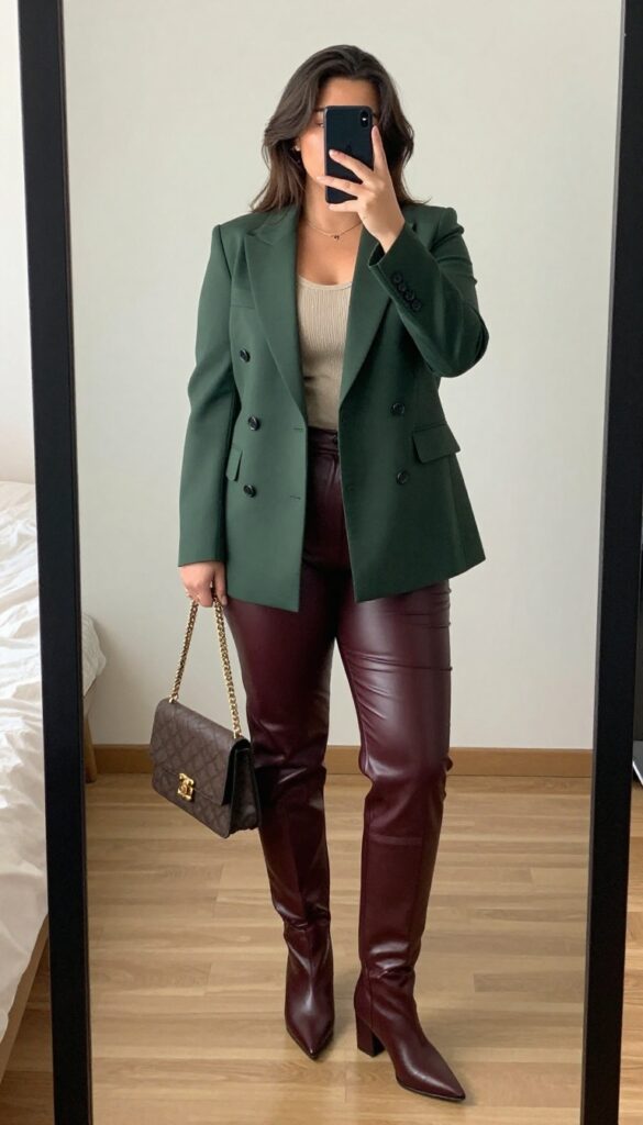 Double-breasted blazer with fine-knit top and leather pants outfit idea