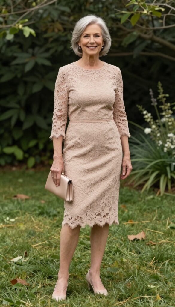 Petite woman over 50 in nude lace sheath dress at garden wedding